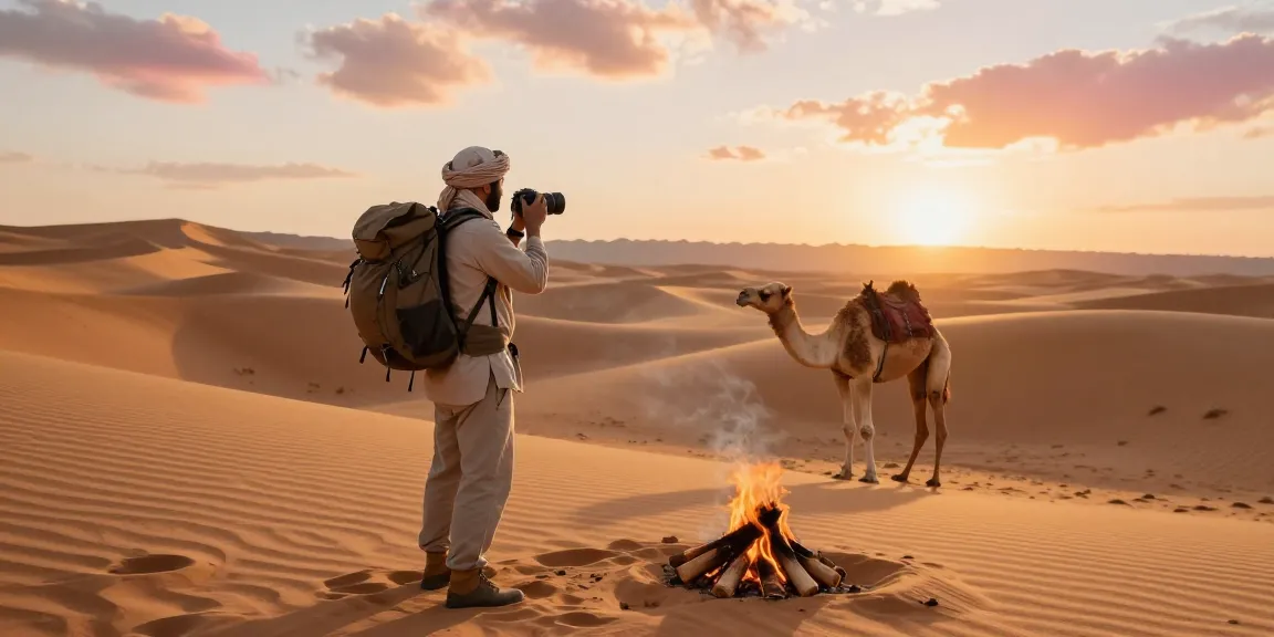 Adventurer taking in the sunset over desert dunes, ideal for slot experiences.
