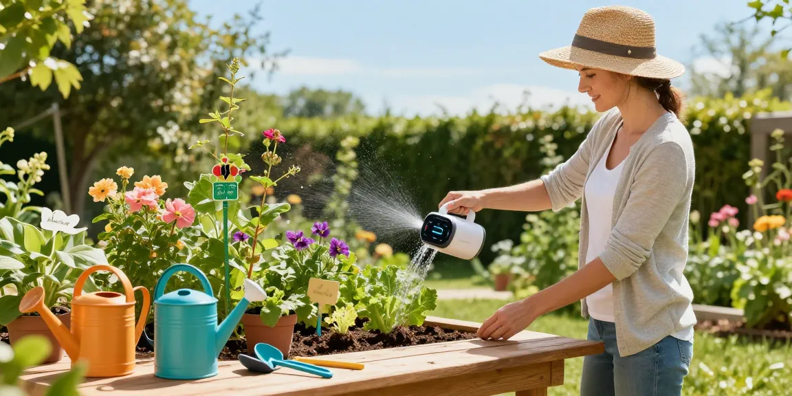 Effortlessly using a RainPoint WiFi water timer in a vibrant home garden.