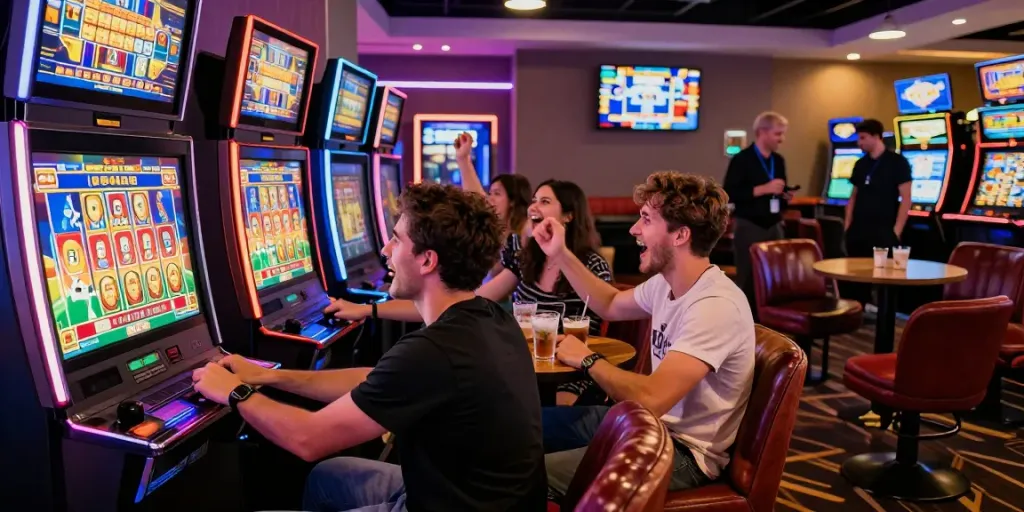 Group excitedly playing slot jackpot machine in vibrant casino atmosphere.