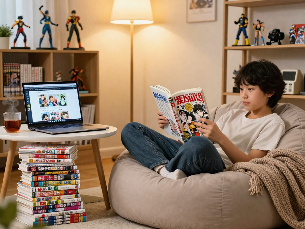 Engaging manga reading scene featuring https://hitomi-mangaraw01.com/ with colorful volumes and cozy atmosphere.