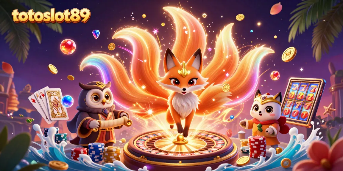 Win big at totoslot89 with this vibrant 3D illustration featuring a glowing nine-tailed fox and dynamic casino elements.
