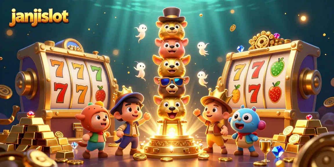 Experience the excitement of janjislot with vibrant slot reels and a golden totem pole in this captivating scene.