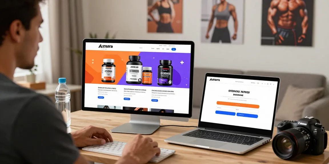 Shop ASTERA-LABS STEROIDS online at Astera Shop, featuring vibrant product displays in a cozy home office setup.