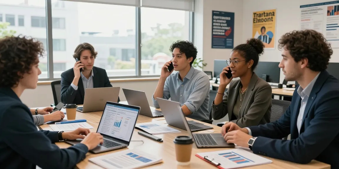 Consultants discussing live transfer merchant cash advance leads in a collaborative office environment.