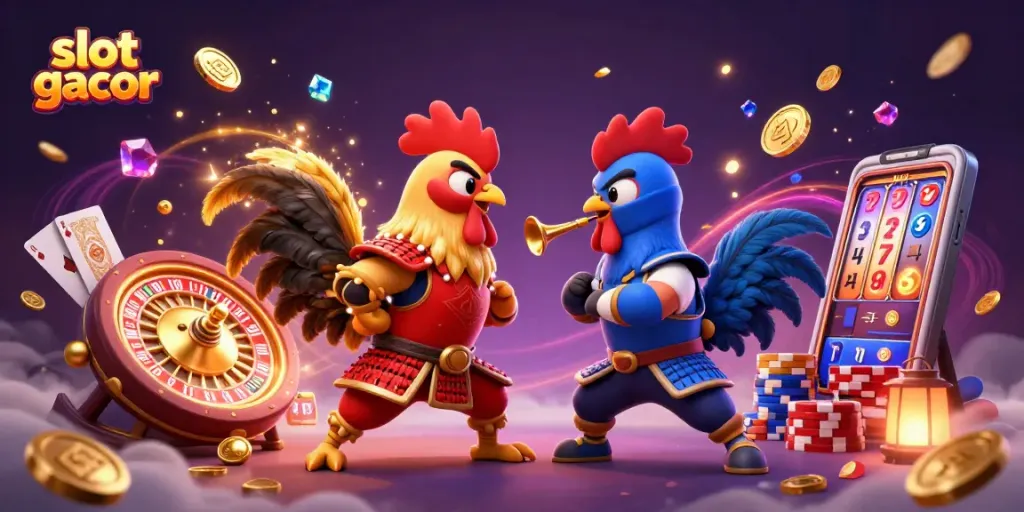 Experience thrilling action with slot gacor as roosters clash amidst sparkling casino elements.