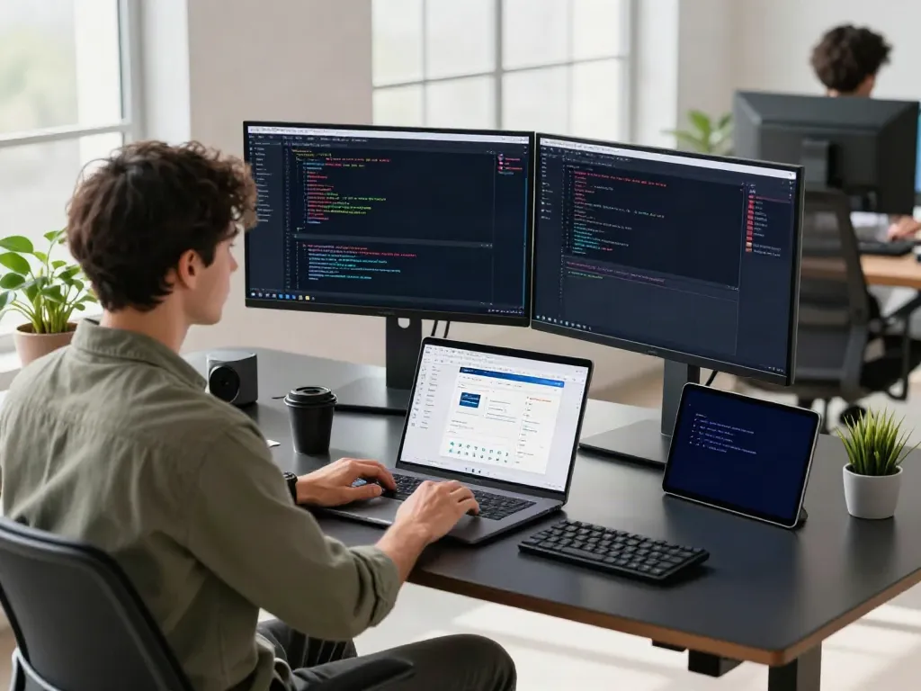 v2rayN官网 featured in a modern tech workspace with coding setup and bright natural light.