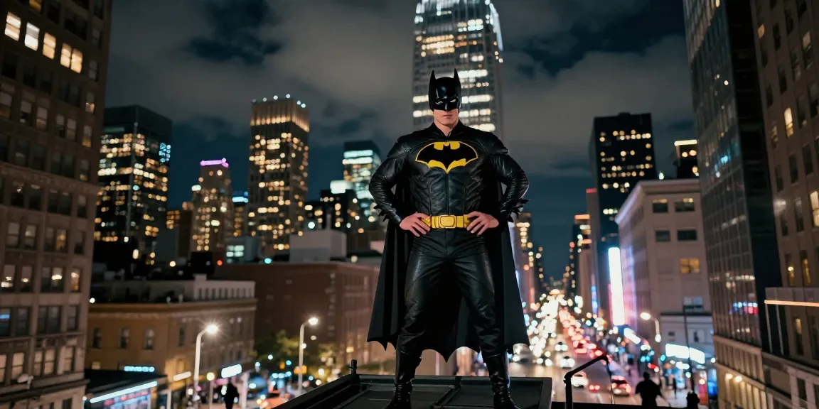 Dynamic nighttime city scene featuring batmanloyal.com-themed superhero overlooking vibrant urban landscape, symbolizing adventure.