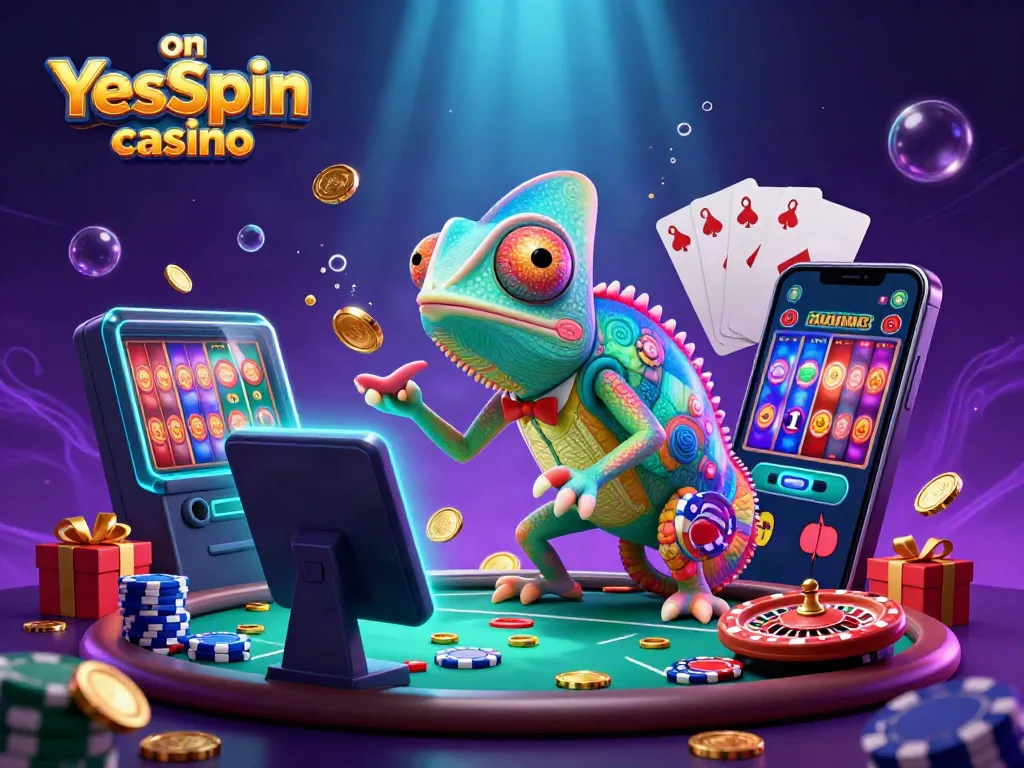Experience thrilling gameplay on YesSpin casino in this vibrant 3D casino scene featuring a colorful chameleon owner.