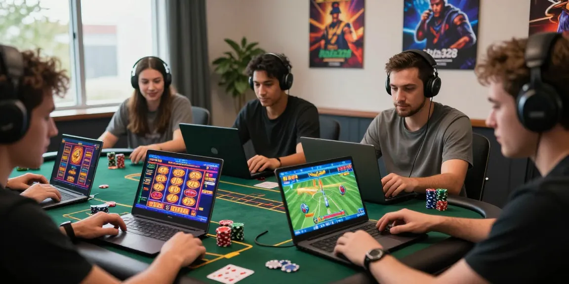 Engaged players enjoying online gaming at Raja328, showcasing vibrant slots and sports betting.
