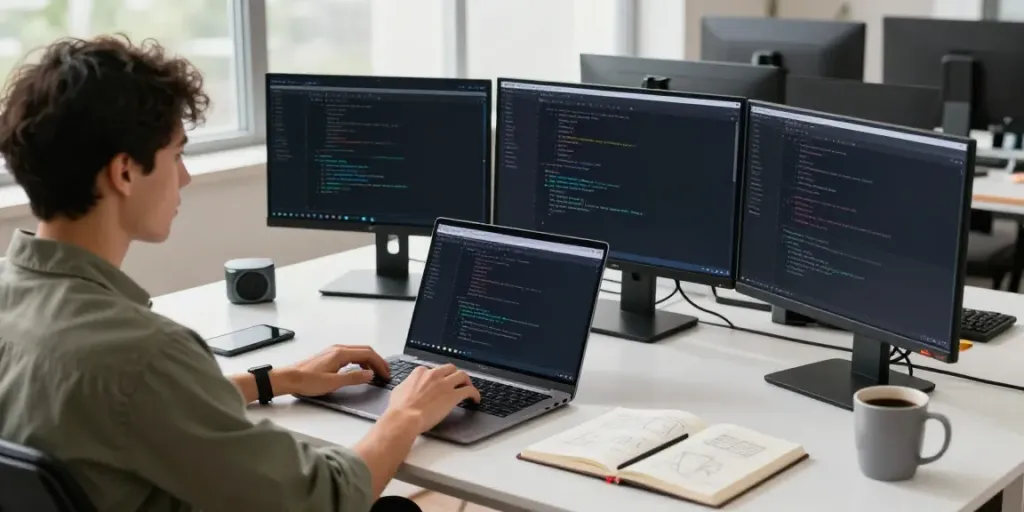 Developer coding free open-source apps on h5.2113.net in a bright tech workspace.