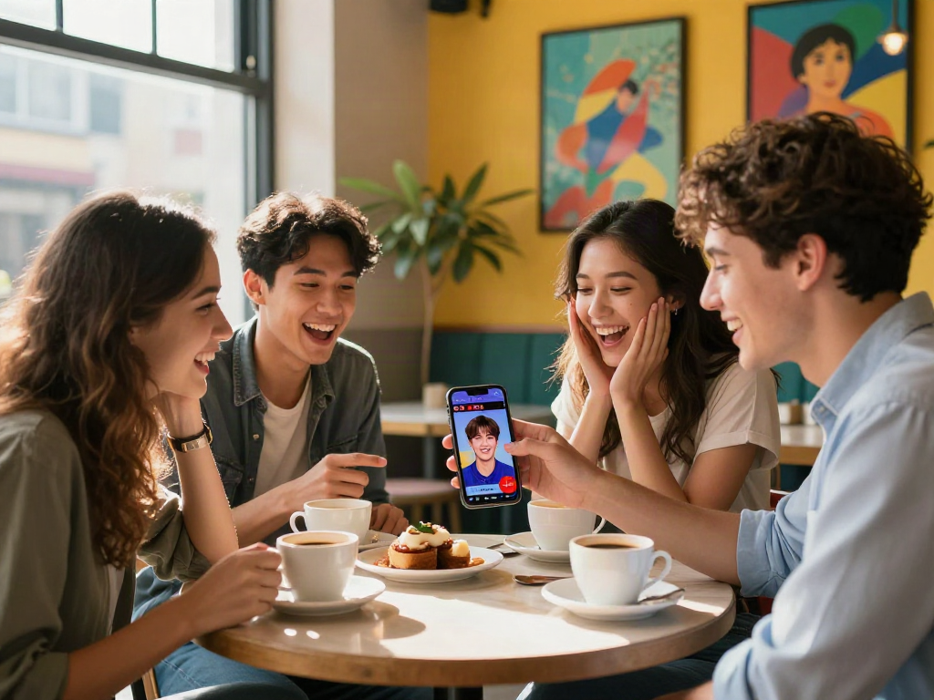 Friends discovering which celebrity looks like a celebrity using a fun app in a trendy café.