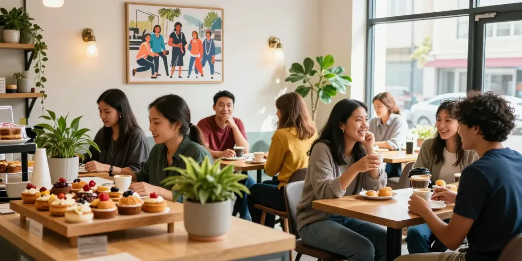 Friends gathering at a cafe enjoying coffee and pastries, showcasing rokok88 lifestyle.