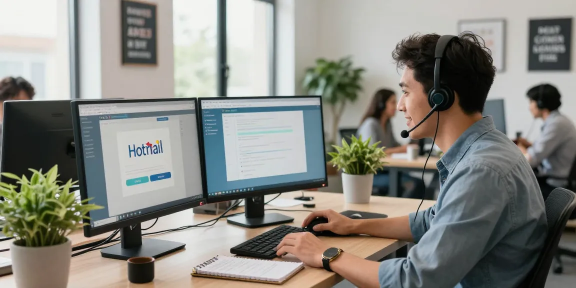 Telus-Technical-Support technician assisting customer with Hotmail issues in bright office environment