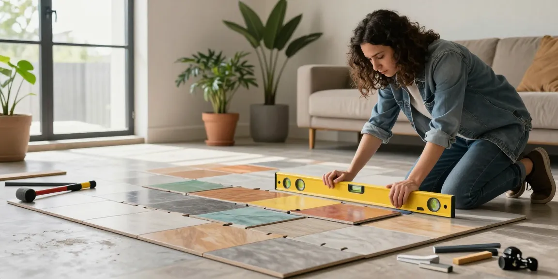 Installing interlock tiles in a modern living room, showcasing colorful design elements and professional tools.