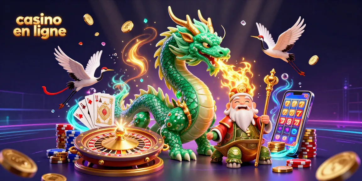 Vivez l'excitation avec un casino en ligne mettant en vedette un dragon, un sage tortue et des grues dans une scène épique en 3D.