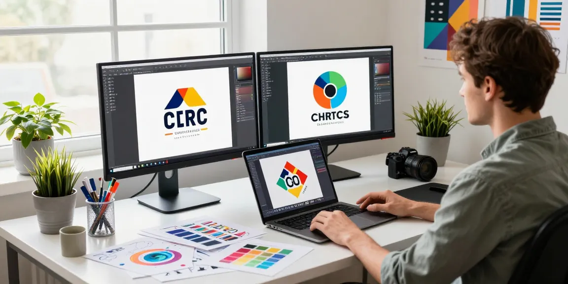 W przestrzeni grafika freelancera, twórca projektuje logo przy biurku z monitorami i szkicami, w otoczeniu kreatywnych akcesoriów.