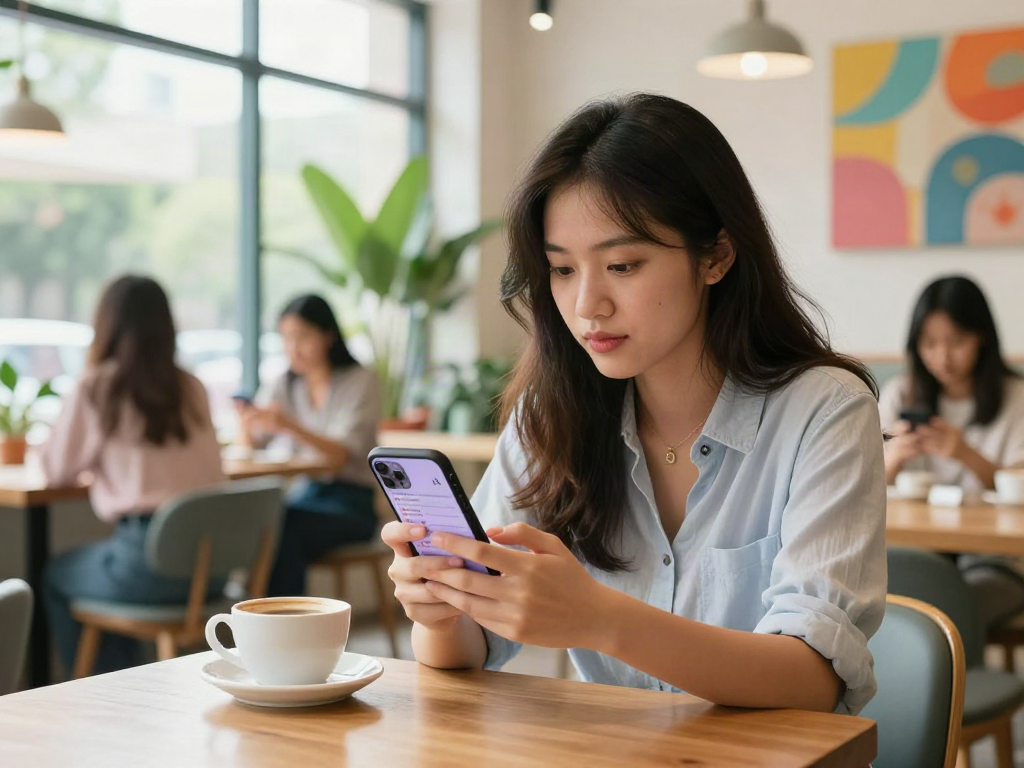 Young woman using an attractive test on her smartphone in a bright café.