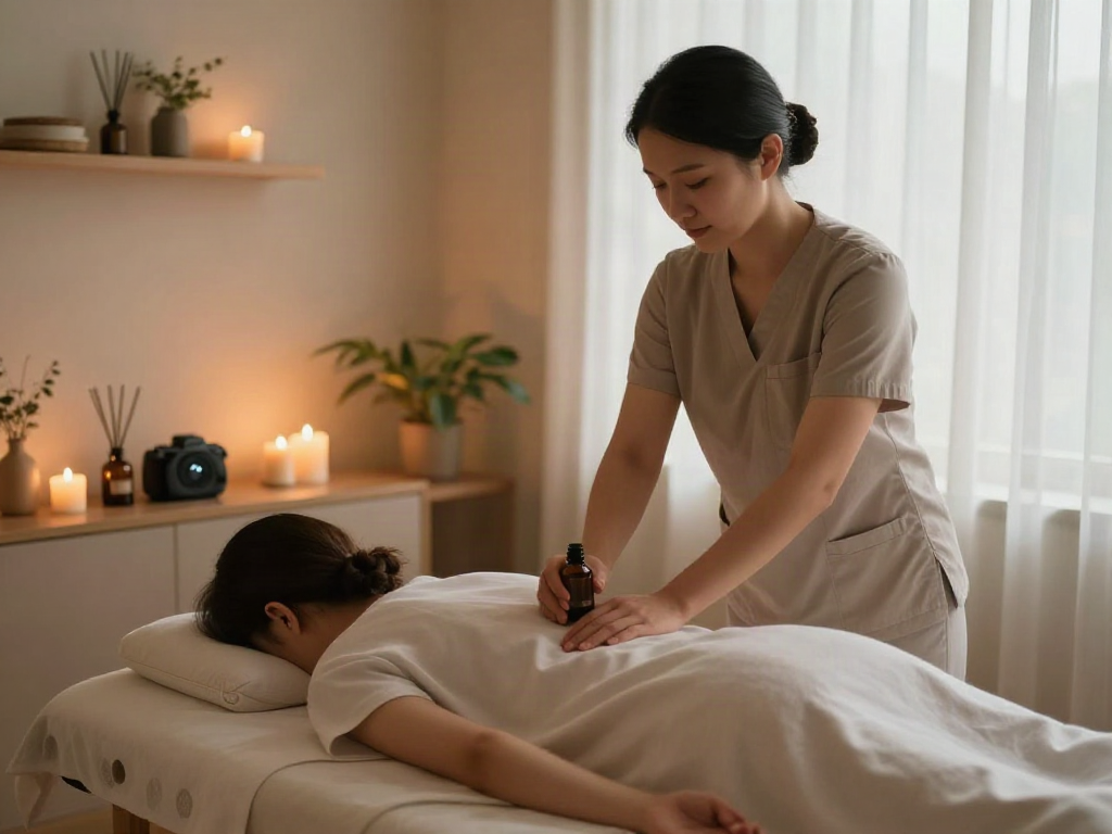 Enjoying 강남출장마사지 in a peaceful home spa environment with aromatherapy and soothing light.
