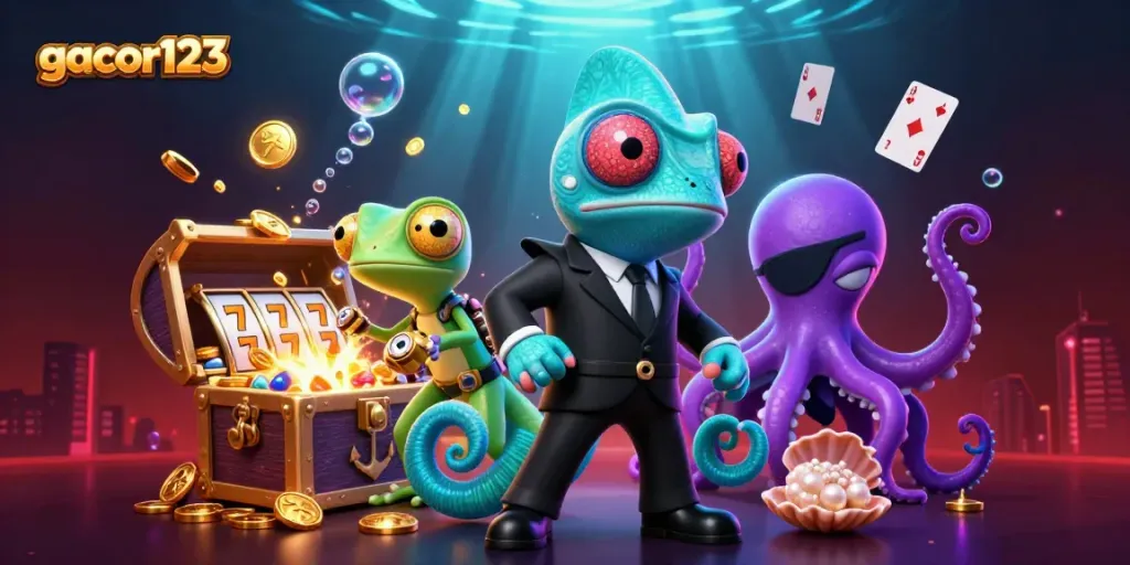 Engage with gacor123 in an action-packed casino adventure with vibrant characters and exciting elements.