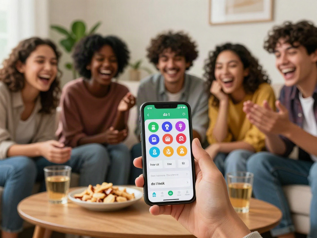 Group of friends laughing while using an app to find out how old do I look, colorful smartphone interface visible.