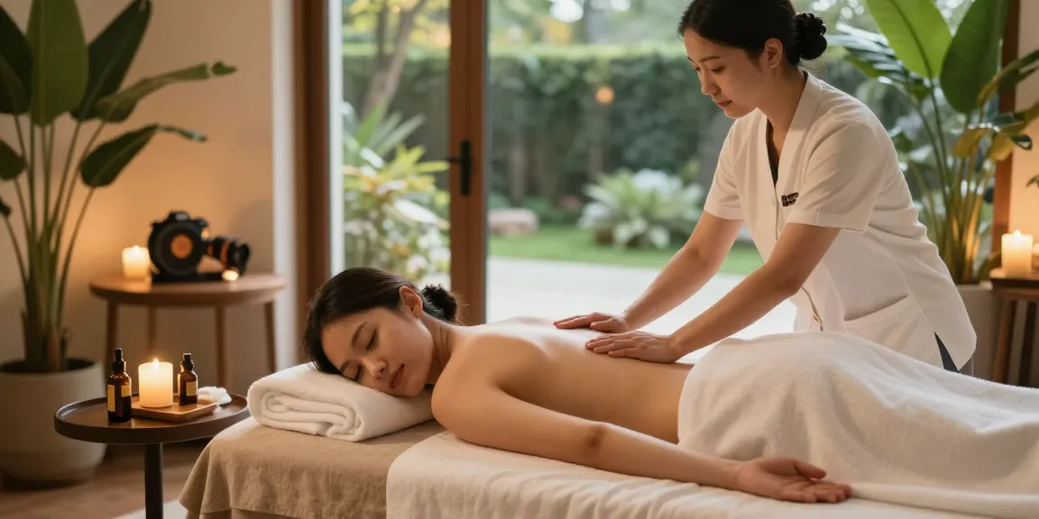 Woman enjoying 출장마사지 therapy in a serene home setting with calming ambiance.