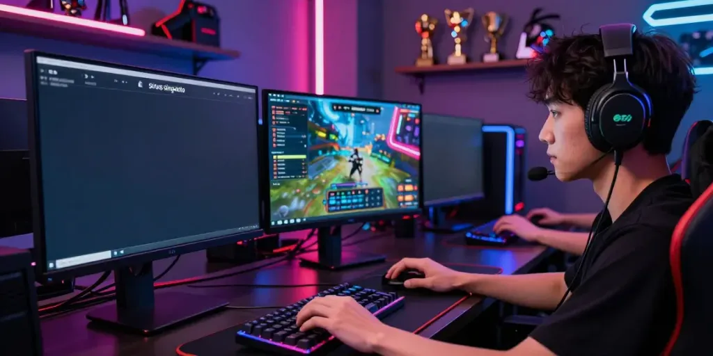 Intense gaming moment on situs singatoto with player focused on multiple screens.