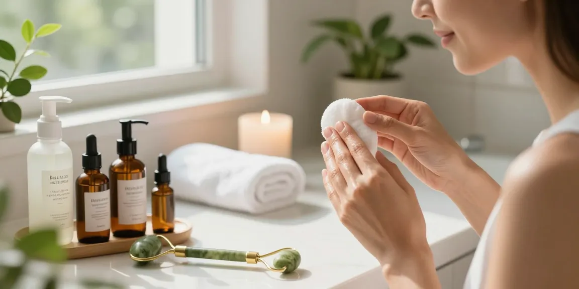 Woman applying Balance and Refresh Toner in a tranquil bathroom setting, showcasing a calming skincare routine.