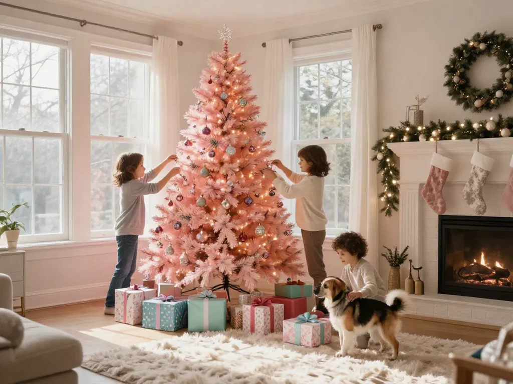 Cozy living room featuring pink pre-lit xmas trees with a family decorating for the holidays.