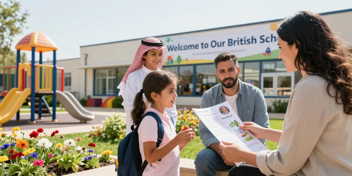 Parents exploring British schools in Saudi Arabia with their child at a welcoming school environment.