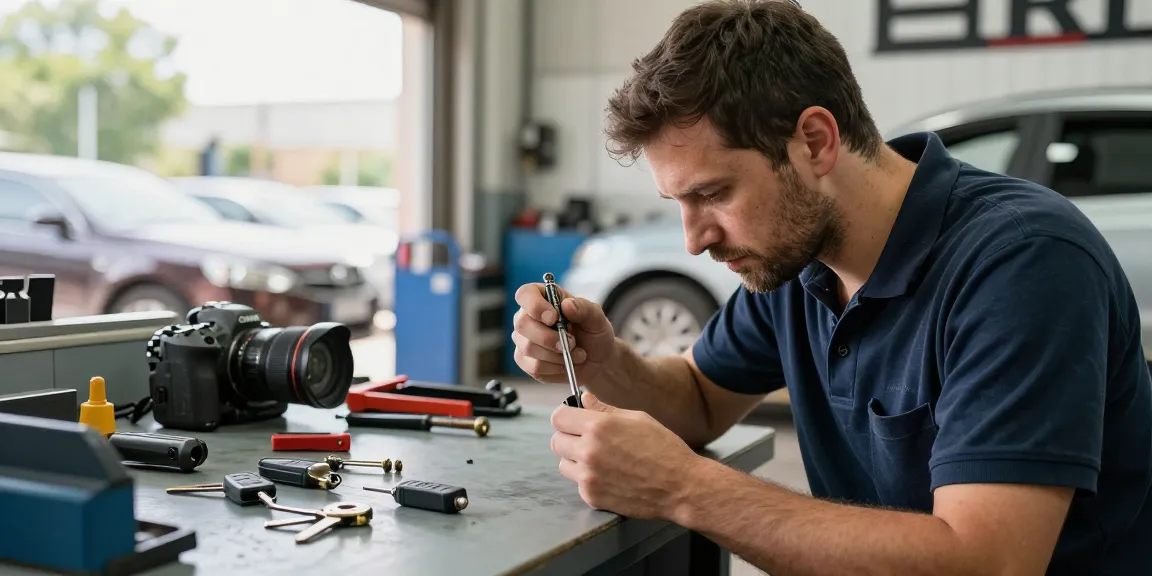 Autosleutel stuurslot vervangen by a professional locksmith in a workshop