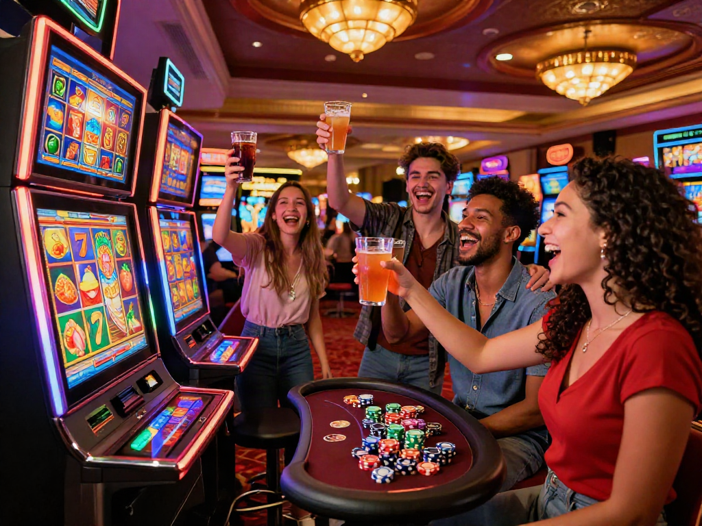 Friends enjoying the thrill of a slot bet 100 at a vibrant casino, celebrating wins and excitement.
