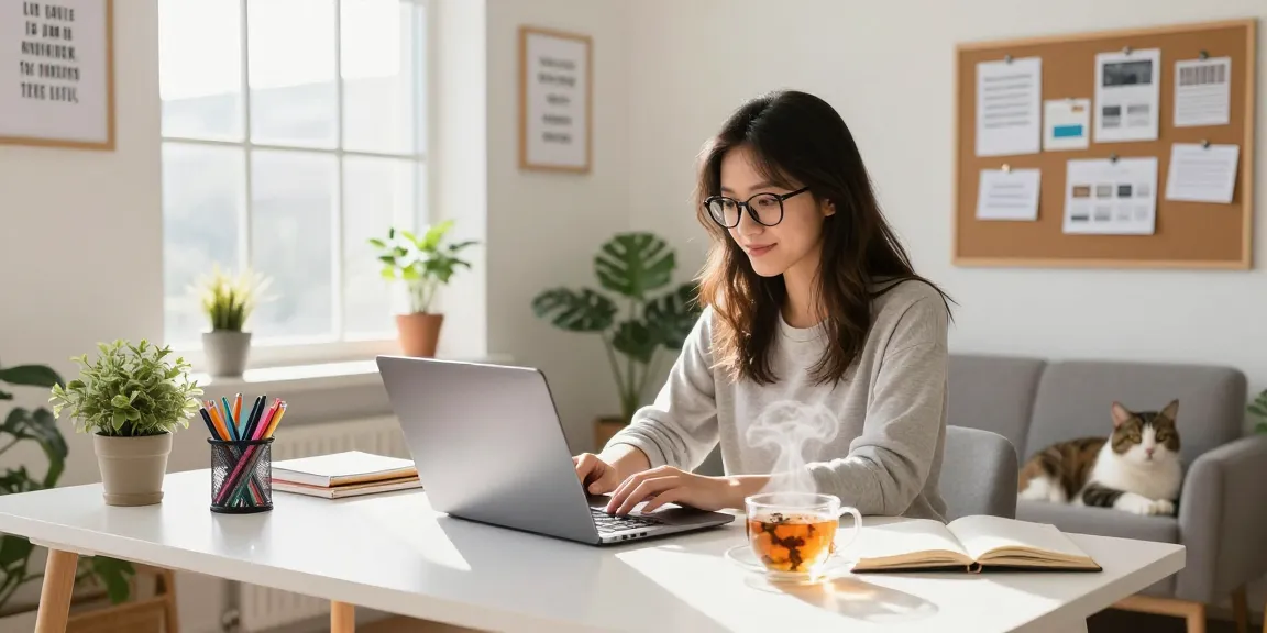 Creative blogging scene showcasing quality and authority blogs in a stylish home office, featuring a woman engaging with her laptop and bright, inviting decor.