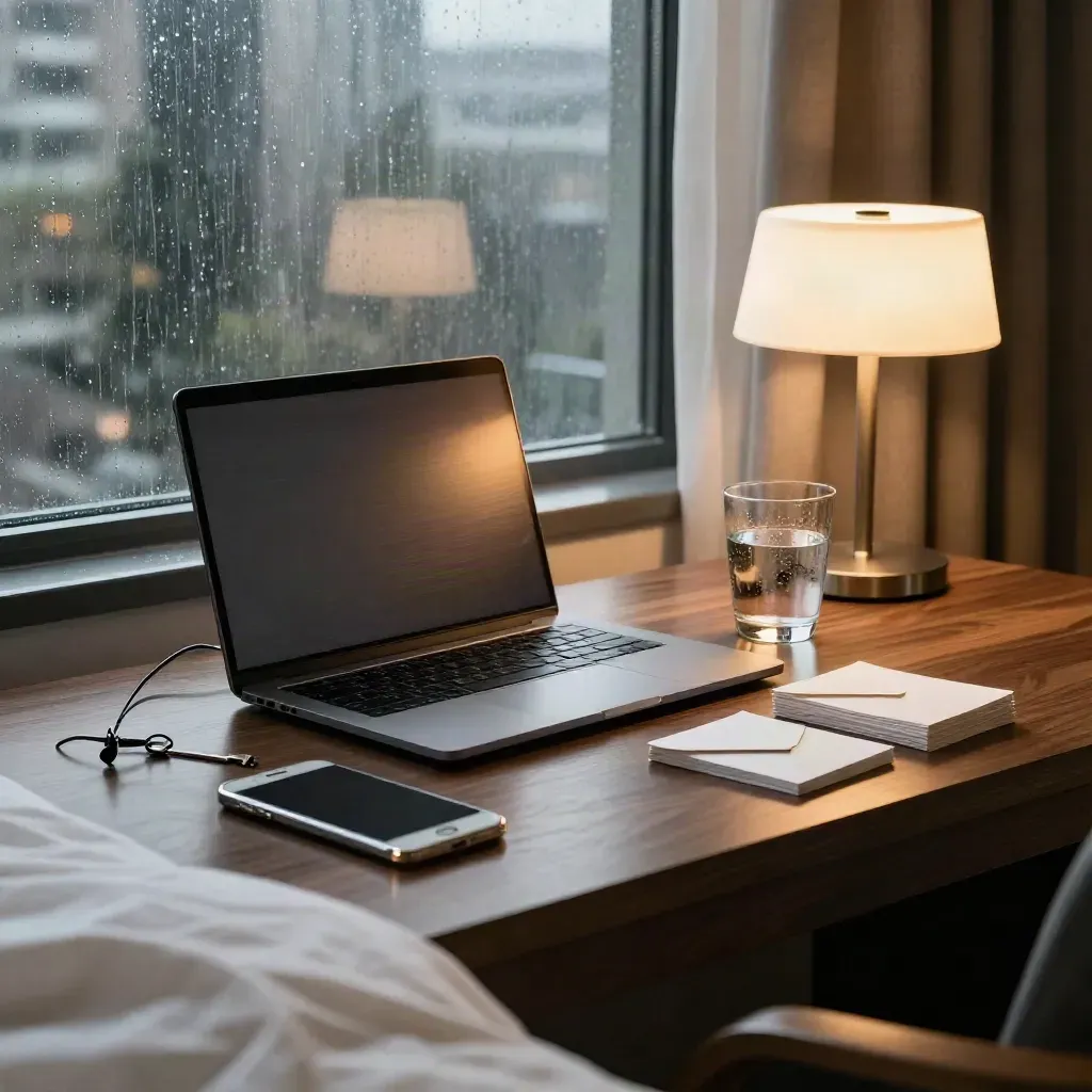 Rainy hotel desk with a closed laptop, note cards, lamp glow and window reflections.