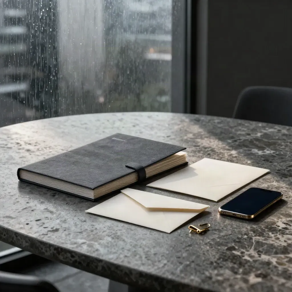 Rain-dim fundraising toolkit on stone, with pitch-deck folio, proofs, sleeves, clip and phone.
