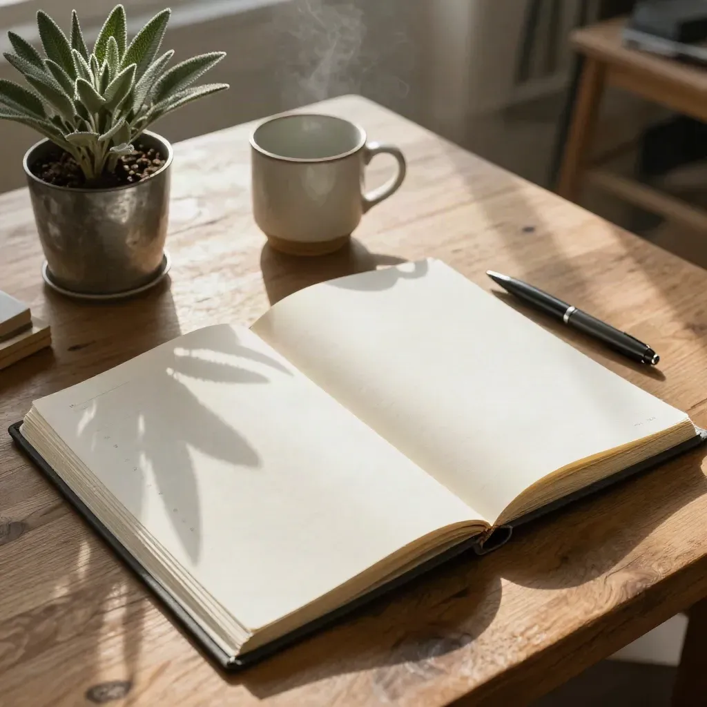 Opened planning binder with proofs, mug, pen, and plant on a sunlit workshop table.