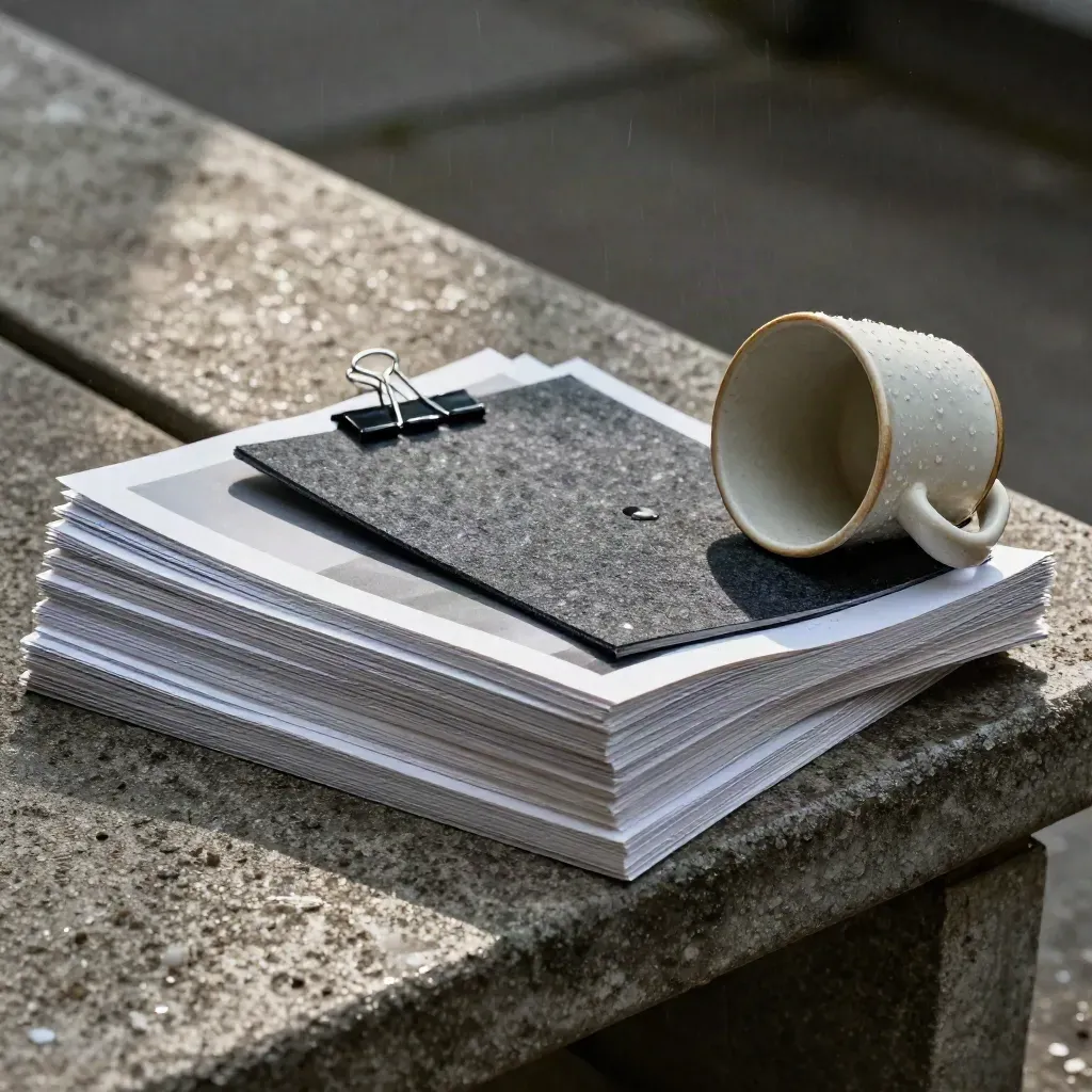 Rain-specked deck proofs, broken clip, folio and tipped cup on a concrete bench in cold daylight