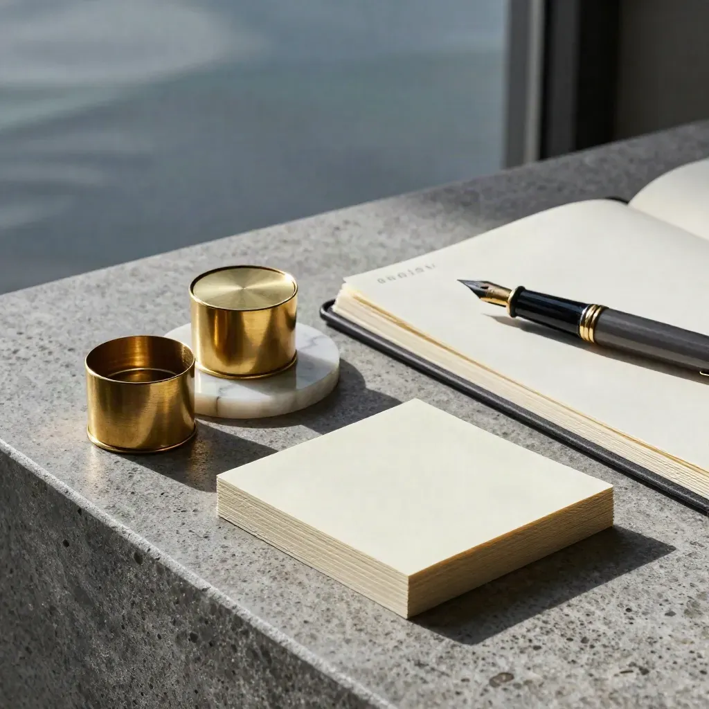 Brass paperweights, fountain pen, and pocket notebook on travertine in cool window light.