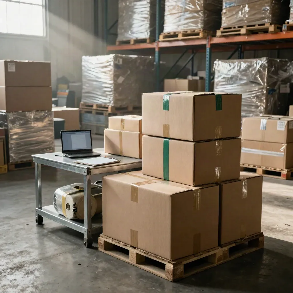 Warehouse office with shipping boxes, closed laptop, face-down clipboard and wrapped pallets in dust light