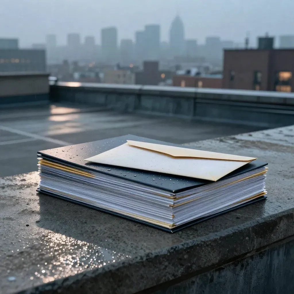 Rainy rooftop with funding folders and a courier envelope before a city skyline