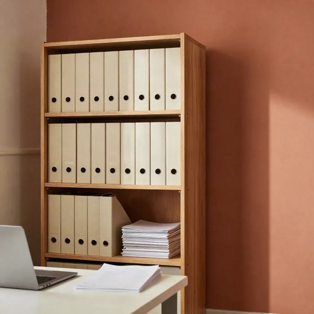 Organized data-room shelf with archive boxes, binders, and a closed laptop in warm window light.
