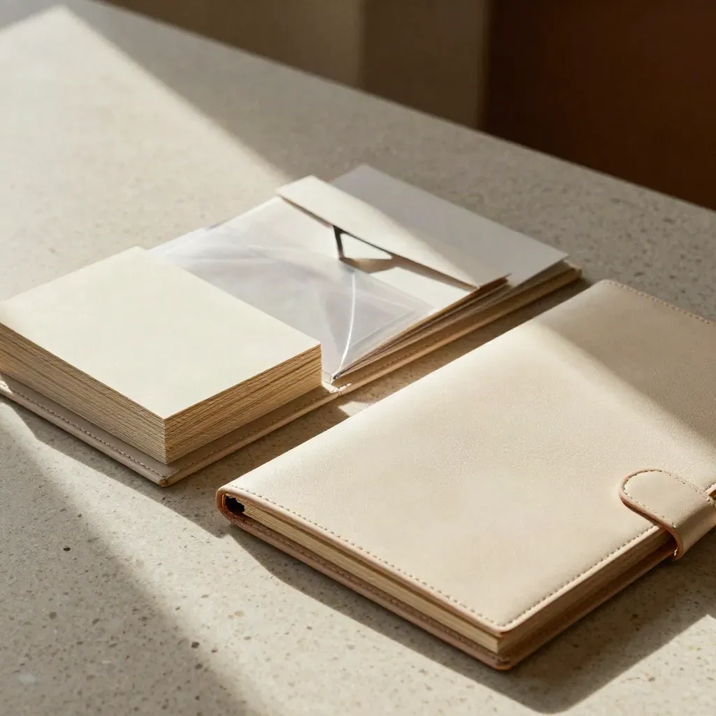 Founder raise kit on travertine table with folio, note cards, sleeves, and binder