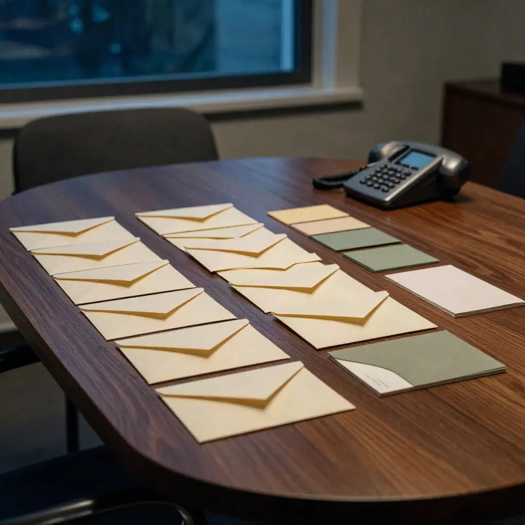 Sealed envelopes, a face-down phone, and colored cards on a walnut table by an open window at dusk.