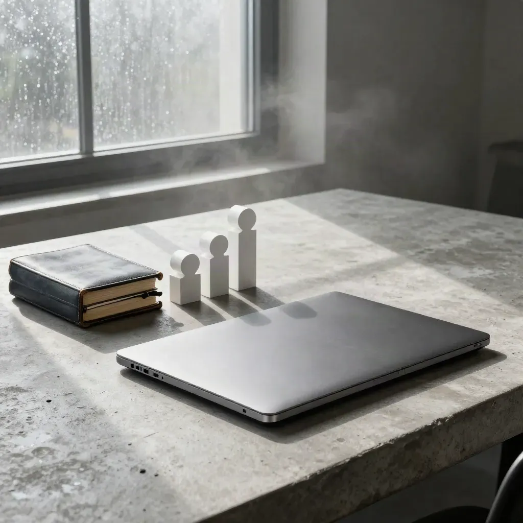 Closed laptop, ledger box and white milestone markers on concrete by a hazy morning window.