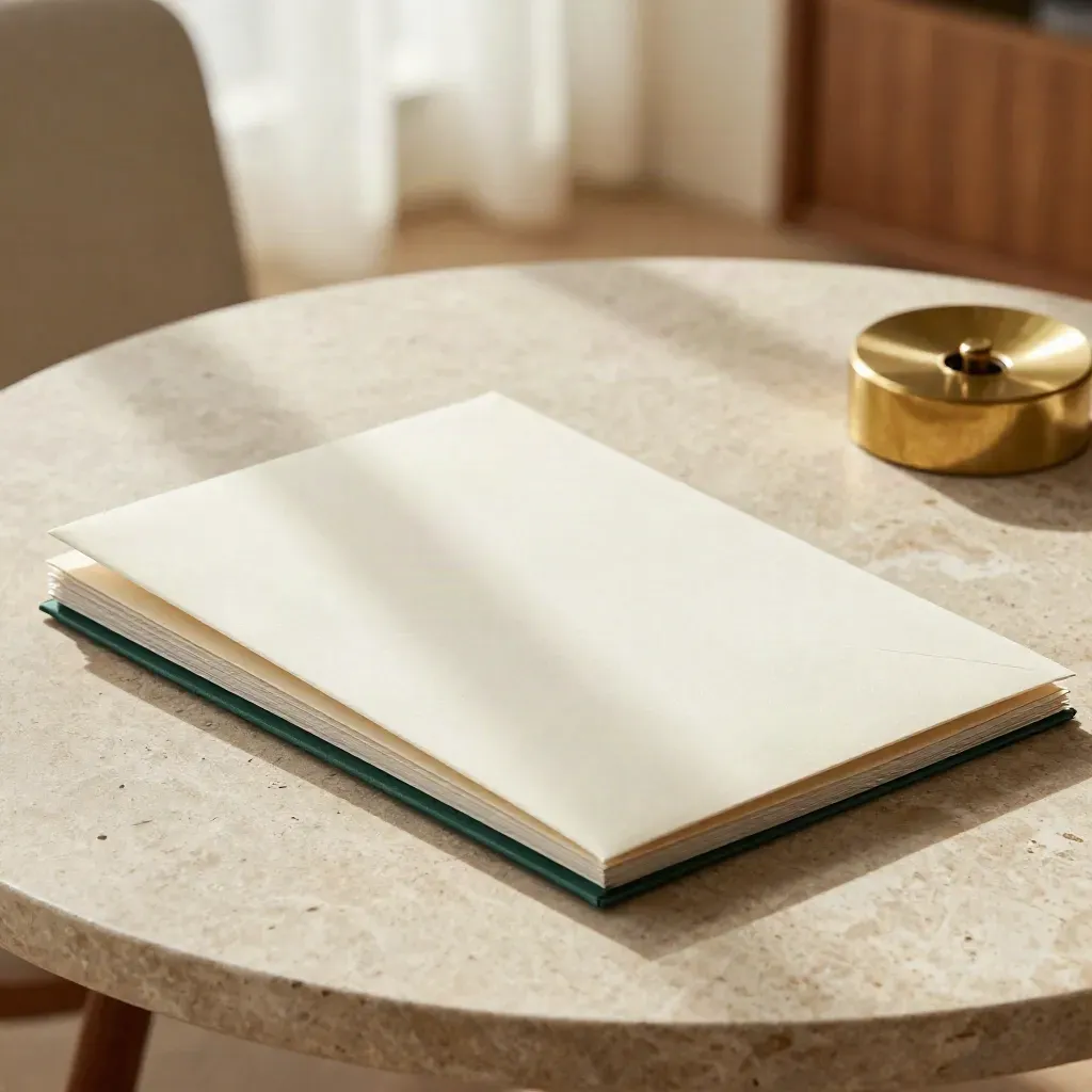Funding ask folio, envelope and folder on stone table in warm window light with brass paperweight.