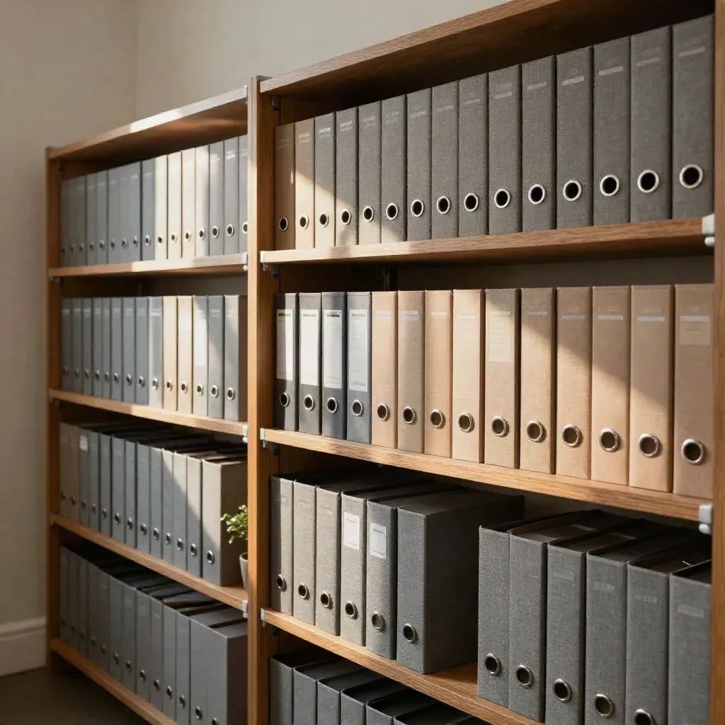 Sorted archive boxes and binders on shelves in a warm records room with a small plant.