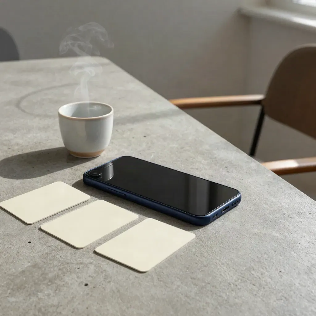 Face-down phone, follow-up cards, steaming cup, and clock shadow on a meeting table.