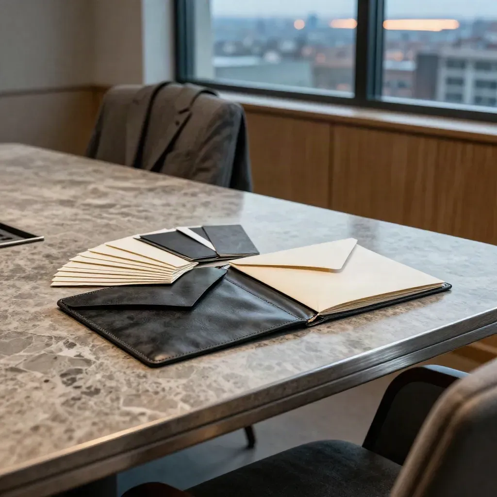 Charcoal folio, envelope sleeves, reference cards, and a folded blazer beside a chair at blue hour.