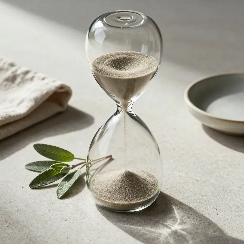 Top-down macro of an hourglass with falling sand, sage sprig, linen cloth, and ceramic dish.