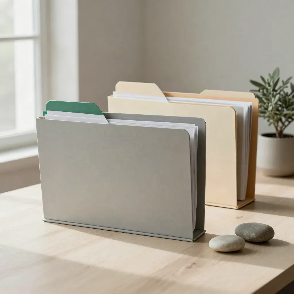 Open filing folders with plant and stones on a pale wood desk in soft light