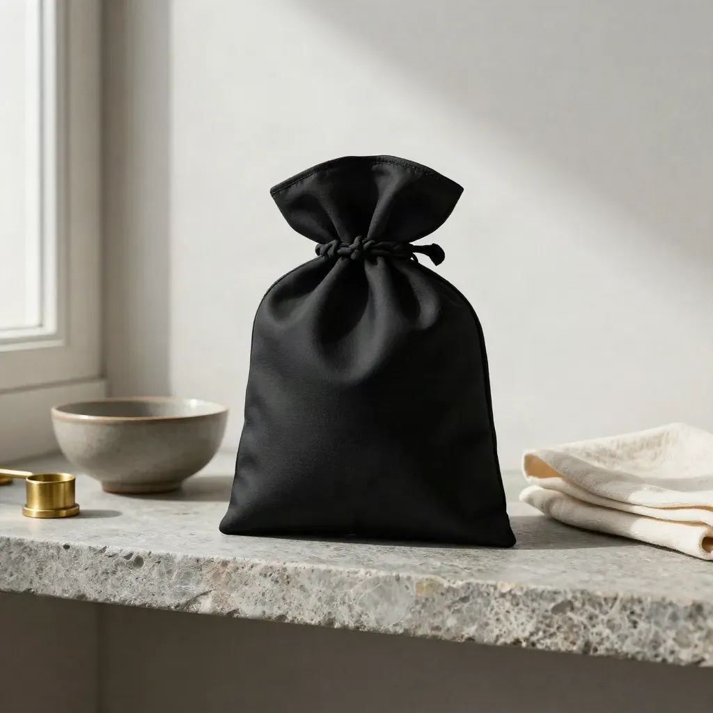 Matte black cash packet, brass counters, ceramic bowl and cream cloth on a stone shelf.